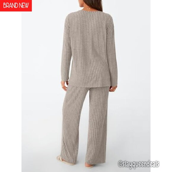 Soft Ribbed Knit Lounge Set Long Sleeve Matching Pajamas Sweatsuit - Picture 5 of 6